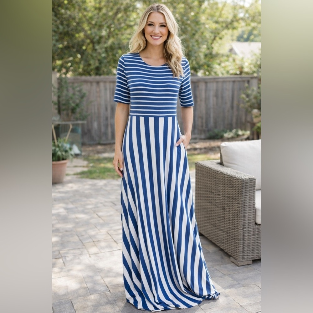 Matilda Jane Blue & White Striped Maxi Dress Size S NWT